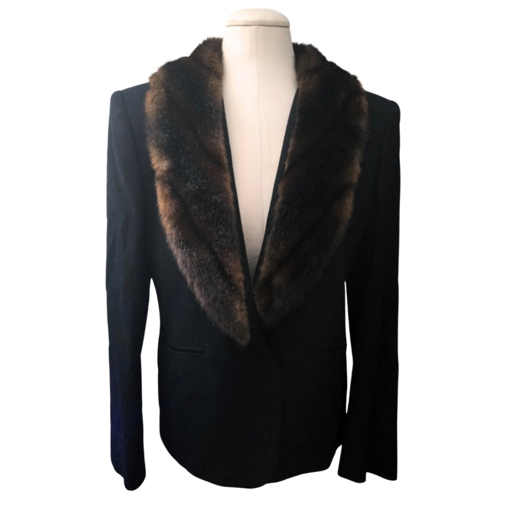 Vintage Ralph Lauren Women Size 8 Lined Blazer Jacket Faux Fur Collar 100% Wool